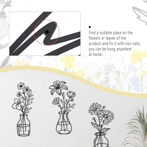 OYEFLY 3 Pieces Metal Flowers Wall Arts,Black Metal Vase Wall Art,Rustic Farmhouse Decor (Black)