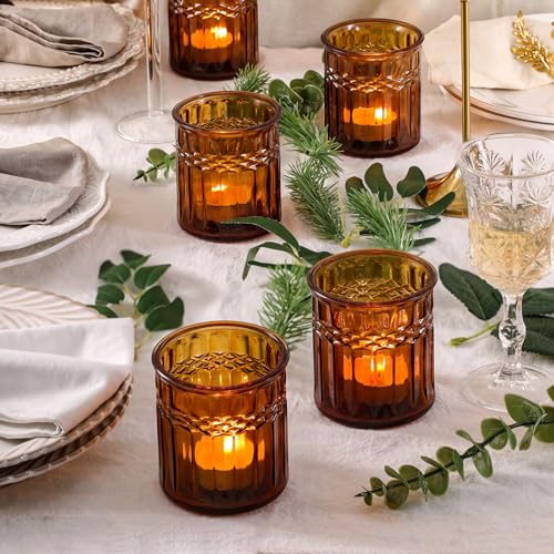 NITIME 8pcs Amber Votive Candle Holders, Large Tea Light Candle Holder Glass for Fall Table Decor, Amber Candle Holders for Table Centerpiece, Home, Wedding and Party Decor - color: Amber