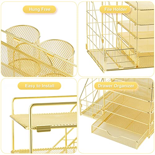 Marbrasse Rose Gold Desk Organizer with File Holder, 5-Tier Paper Letter Tray Organizer with Drawer and 2 Pen Holder, Mesh Desktop Organizer and Storage with Magazine Holder for Office Supplies - color: Gold