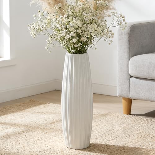 White Ceramic Floor Vase, 17.7" Tall Floor Vase Large Flower Vases Decorative Vases for Pampas Grass Modern Home Decor Living Room Office Bedroom Table Centerpieces Kitchen Wedding Farmhouse Décor - color: Vertical Stripes, size: Height-17.7 Inch