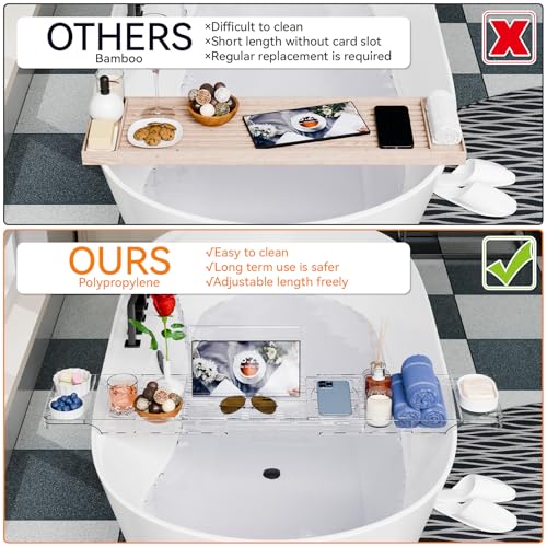 Yieach Luxury Clear Acrylic Bathtub Tray with Book Holder,Expandable Bath Tray for Tub and Bath Shelf Over Tub,Plastic Bath Table & Board,Bath Caddy Trays & Accessories for Women Relaxing Spa Gifts - size: L - (33.1 to 41.4 in）