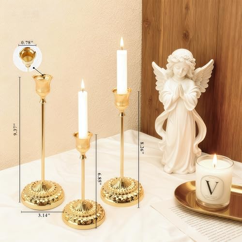 BEAHOT Set of 6 Gold Glossy Metal Taper Candle Holders, Elegant Non-Slip Candlestick Holders Decor with Matching Candle Snuffer – for Wedding Centerpiece - color: 6 Pack Gold