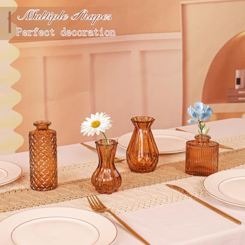 Set of 4 Glass Bud Vase Set, Small Vintage Clear Flower Vase Centerpieces for Table Bulk Cute Rustic Style Mini Vase for Home Decor Wedding Baby Shower Birthday Party(Amber) - color: Amber