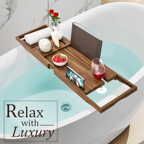 Premium Teak Bathtub Tray Caddy, Wooden Bath Caddy Trays for Bathtub, Bath Tub Wood Tray Table for Tub,Expandable Size, Fits Most Bath Tubs - color: Teak Wood
