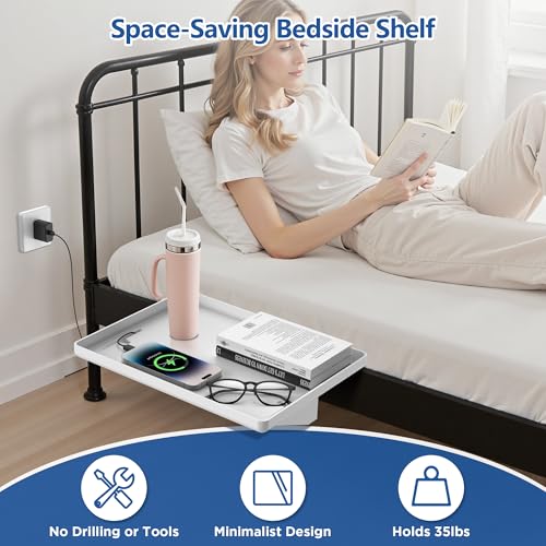 Bedside Shelf for Dorm Bunk Bed, Clip On Nightstand, Bed Side Table Tray Organizer, College Dorm Room Essentials for Girls/Guys, with Cable Management for Dormitory, Back to School (White) - color: White