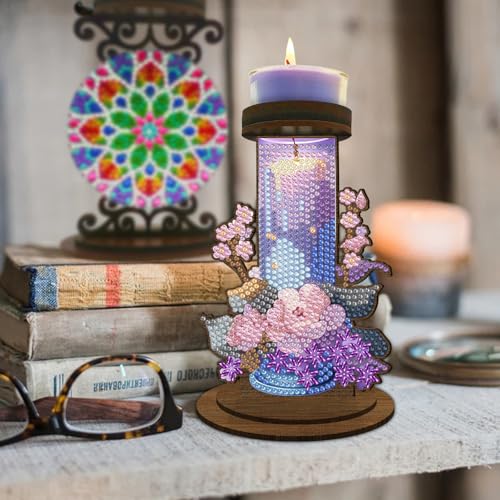 ARTopet 2Pcs DIY Diamond Art Painting Candlestick Holders Wooden Desk Candle Holder Ornament Double Sided Diamond Tabletop Ornaments for Home Decor-02 - color: 2pcs-02
