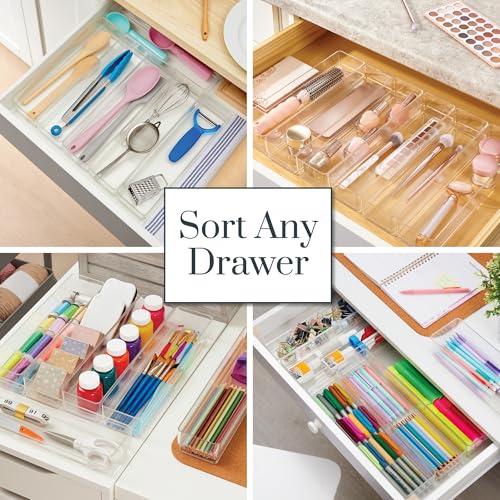 STORi SimpleSort 6-Piece Stackable Clear Drawer Organizer Set | 12" x 3" x 2" Rectangle Trays | Narrow Makeup Vanity Storage Bins and Office Desk Drawer Dividers | Made in USA - size: 12x3x2" (Set of 6)