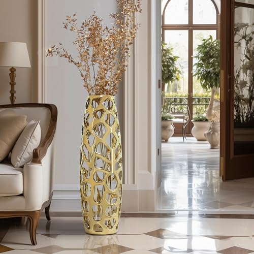 Ceramic Vase Large Floor Vase Handmade Ceramic Flower Holder Hand Carved Sophisticated Vessel for Decorative Branches and Dried Flowers 24 Inches Gold