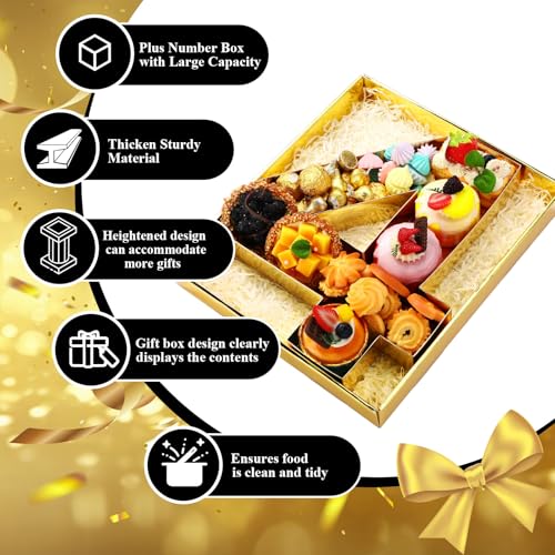 SiliFine 12" Charcuterie Number Shaped Mache with Clear Lid Fillable Sweets Serving Trays Paper Mache Cupcake Candy Box for 2025 Graduation Party Graduation Celebration(Gold,Number 4) - color: Gold, style: Number 4