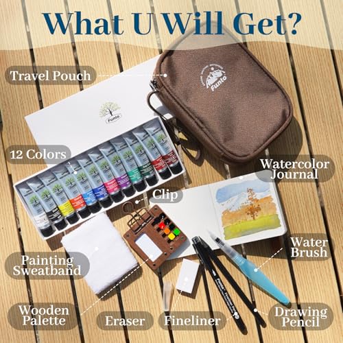 Funto Mini Watercolor Travel Set, 12-Color Refillable Travel Art Kit, All-in-One Mini Paint Supplies with Bag, Art Craft for All, Portable Water Color Paint for Beginners, lovers and Artists - color: 8-Wood