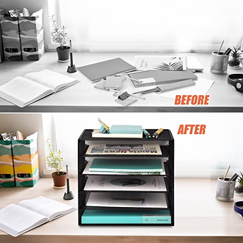 EASEPRES 5 Slot Mesh Desk Organizer Tray, File Paper Letter Folder Holder Desktop Paper Sorter Mail Organization Rack Storage Accessories, for Office Home School Classroom, Black - color: 5 Tier Black