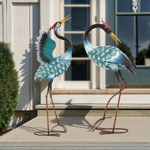 Extra-Large Crane Statue, 36.8" Handcrafted Metal Blue Heron Decor Sculptures with Stable U-Ground Stakes, Backyard Decoration, Metal Garden Bird Animal Yard Art, Lawn Ornament Decor - color: 36" - Gradient Sky Blue