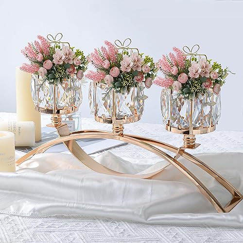 4 Pcs 3-Arm Crystal Tealight Candle Holders, Elegant Metal Arch Candlestick Centerpiece for Wedding, Party, Dining Room Table Decorations, Anniversary (4, Gold-3 Arm) - size: Gold-3 Arm