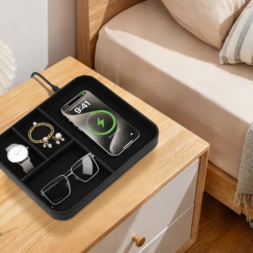 VOVIPO Birthday Gifts Bedside Organiser-Faux Leather Valet Tray With Wireless Charger For Phone And Earbuds,Nightstand Organizer,Mens Jewelry Box,Office Desk Organizers - color: Black