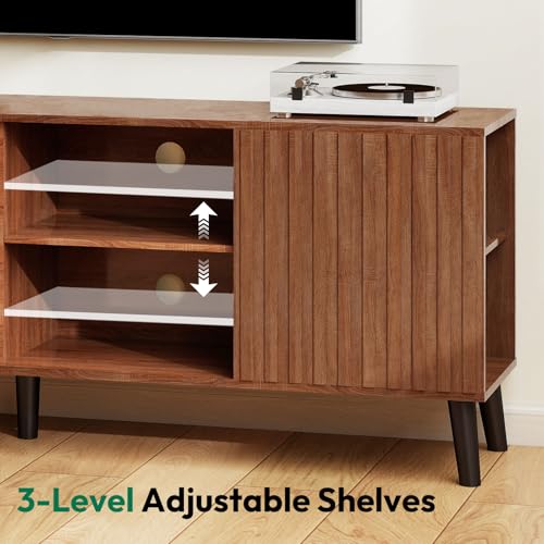 Lamtor TV-Stands for Living Room - Mid Century Modern TV Stand for 75+ inch TV, Entertainment Center with Storage, Media Console with Adjustable Shelves, Walnut