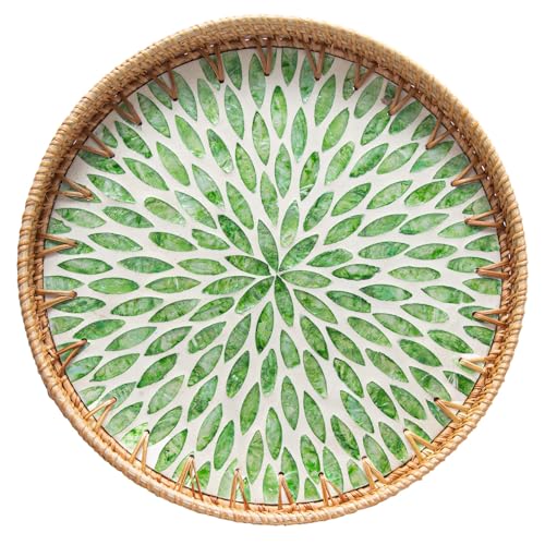 14 inch Round Rattan Tray Home Decor, Wicker Serving Tray with Mother of Pearl Inlay, Boho Decorative Tray for Coffee Table, Display, Ottoman, Kitchen Table, Bathroom (Green) - color: Green Leaf, size: 14 inch