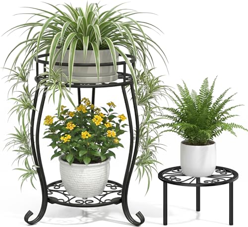 TOSKING 2-Tier & 9.1'' Single Metal Plant Stand Set – Single Stand with Adjustable Leveling Feet, Rustproof Heavy Duty Flower Pot Holder for Indoor/Outdoor, Stable Multiple Plant Rack for Balcony Garden Patio Living Room Bedroom, Black - size: 2Tier-19.5'