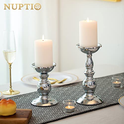 Nuptio Pillar Candle Holders Metal Candle Holder Ideal for 3 inches Candles, Silver Candle Holder for Living Room, Gardens, Spa, Aromatherapy, Incense Cones, Wedding, Party, 2 Pcs - color: Silver, size: S + L