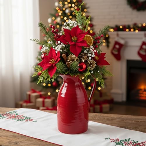 hjn hjn Farmhouse Pitcher Vase for Flowers- Ceramic Pitcher Vase Red Decorative Pitcher for Your Kitchen/Home Decor/Office/Living Room/Bookshelf/Mantel/-Red - color: Red - Pitcher Vase
