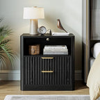 IRONCK Fluted Night Stand, Modern Nightstand with Charging Station, Drawers and Open Shelves - Bedside Table Wood Side Table for Bedroom, Black - color: Black