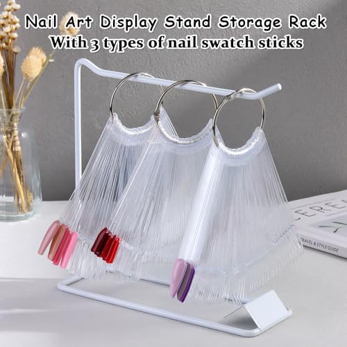 150 Pcs Nail Swatch Sticks with Ring & Nail Art Display Stand Storage Rack, Clear Fan-shaped Display for Nail Art Polish Practice, False Nail Sample Tips Nail tech Supplies for Home or Salon Use - color: White Shelf