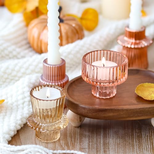 Pink Candlestick Holders 6PCS for Tealight Candle Stick Candles, Ribbed Glass Taper Candle Holders Set, Table Centerpieces for Weddings Christmas Home Decor Indoor and Outdoor - color: Pink