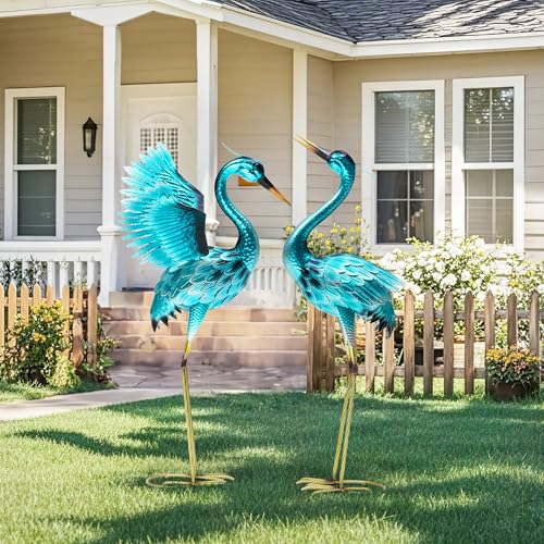 36.75" Metal Crane Garden Statue, Handcrafted Oversized Blue Heron Decor Sculptures with Stable U-Ground Stakes, Backyard Decoration, Metal Garden Bird Animal Yard Art, Lawn Ornament Decor - color: 35.5" -Bright Blue
