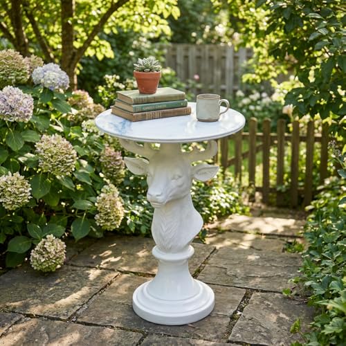 Modern Accent TableLiving Room White Deer Statue Contemporary‌ Faux Marble Night Stand Side Table with White Deer Base Reception Area & Bedroom（Width 19.69" ——Tall 25.59"） - color: White Deer Statue Table