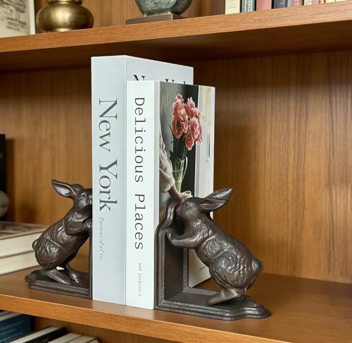 2 PCS Rabbit Decorative Bookend Set Cast Iron Vintage Heavy Duty Book Ends for Shelves for Home Bunny Bookends (Iron Brown Rabbit) - color: Iron Brown Rabbit