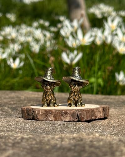 2PCS Witch Cat Figurines - Handcrafted Mini Brass Cat Statue with Wizard Hat, Vintage Witch Decor & Brass Home Decor for Shelf, Desk, Unique Gothic Gift