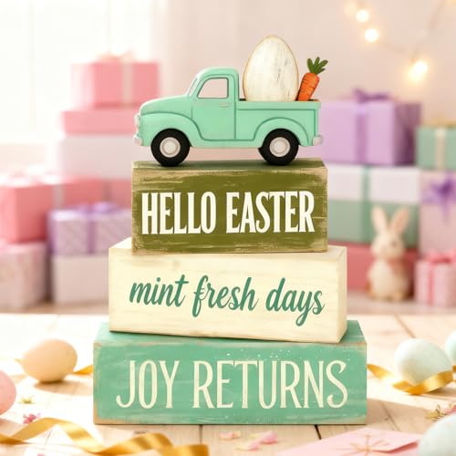 Easter Decorations - Hello Easter Truck Tiered Tray Decor - Wooden Easter Tabletop Sign with Carrot & Egg - Mint Green Farmhouse Spring Home Decor Indoor for Tiered Tray Shelf Mantel - Spring Home Decor for Living Room, Kitchen Counter - style: Easter Tru