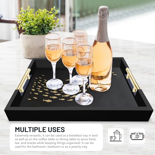 Black Serving Tray with School of Golden Fish Design Gothic Ottoman Tray, Tea and Coffee Table Tray, Jewelry Bathroom Organizer, Gift, Gloss Finish - style: Art Deco