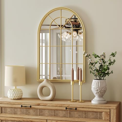Gold Arched Window Pane Mirror - 24"x36" Farmhouse Arch Decorative Window Pane Wall Mirror for Wall Decor, Gold Metal Framed Mirrors for Living Room, Bathroom, Entryway, Bedroom, Fireplace - color: Gold 01- Window Pane