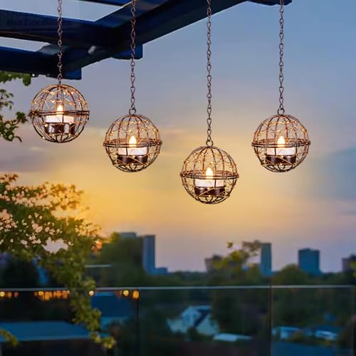 Outdoor Solar Hanging Lanterns Waterproof, Globe Hanging Candle Holder with Flickering Solar Powered Tea Lights, Chargeable Chandelier Light for Backyard Patio Garden Fence Tree Decoration-4Pack