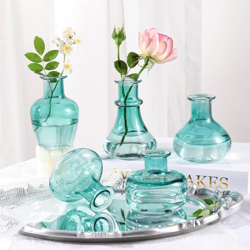 Blue Gradient Glass Bud Vase, 10Pcs/Set Modern Decorative Small Mini Flowers Vases, Minimalist Aesthetic Home Decor Vintage Wedding Table Centerpieces for Single Flower Rose - color: Blue Gradient