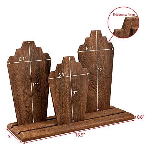 MOOCA Portable Lightweight Multiple Wooden Necklace Display Stand with 2-Row Holder, 3 Removable Displays, and Pegs on the Back, Brown Color
