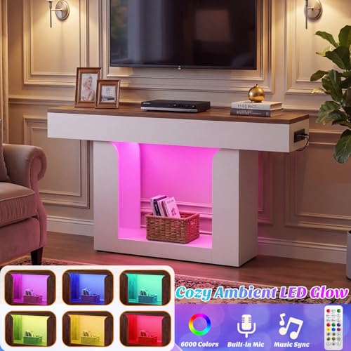Homieasy Console Table, 47" Entryway Table with LED Lights & Charging Station, Farmhouse Wooden Sofa Table Behind Couch, Narrow Hallway Table for Living Room, Foyer, Entry, Antique White & Brown - color: Antique White & Brown, size: 47.2"