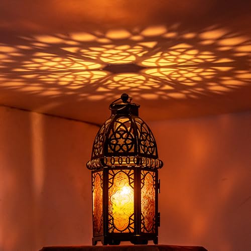 DECORKEY Vintage Large Size Decorative Ramadan Candle Lantern, 12.8’’ Metal Hanging&Tabletop Moroccan Lantern Candle Holder Decor, Halloween Christmas Decorations for Home Indoor Outdoor Patio (Amber) - color: Amber - 12.8''h, size: Large