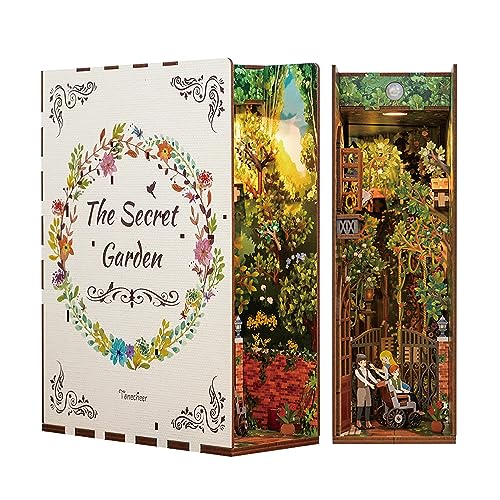 Tonecheer DIY Book Nook Kit for Adults, 3D Wooden Puzzle Bookend Bookshelf Insert Decor, Booknook Miniature House Kit with Body Motion Sensor LED Light (The Secret Garden)