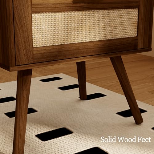 JOONEE Rattan Nightstand with Charging Station,Farmhouse Bedside Table with 2 Storage Drawer and Open Wood Shelf, for Bedroom and Small Spaces,Night Stand with Solid Wood Legs (Walnut Brown-Outlet) - color: Walnut Brown-outlet