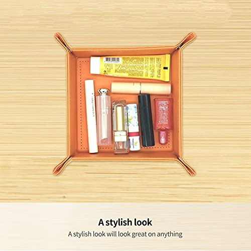 YAPISHI Key Dish Bowl for Men, Entryway Catchall Holder Bedside Table Valet Tray for Pocket Stuff, PU Leather Nightstand Organizer for Dice/Coins/Wallet/Watch/Rings/Sunglasses, Dresser/Coffee Table - color: Orange