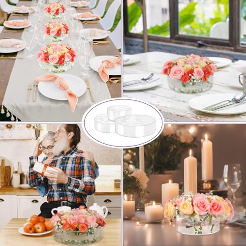 3 Pack Clear Acrylic Flower Vase Centerpiece Round 6/8/10 Inch, Wedding Circular Wide Low Floral Vases with Holes for Dinning Table Home Birthday Party Flower Arrangement