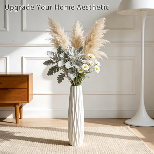 White Ceramic Tall Vase, 17.7" Large Floor Vase for Pampas Grass, Decorative Flower Vases for Modern Home Decor Living Room Office Bedroom Table Centerpieces Shelf Kitchen Wedding Farmhouse Décor - color: Ten Stripes, size: Height-17.7 Inch