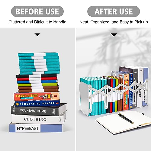 OMEYA 2PCS Adjustable Metal Bookends, Heavy Duty, 2 Dividers, Nonslip, Extends up to 19 inches (White) - color: White, size: 2PCS