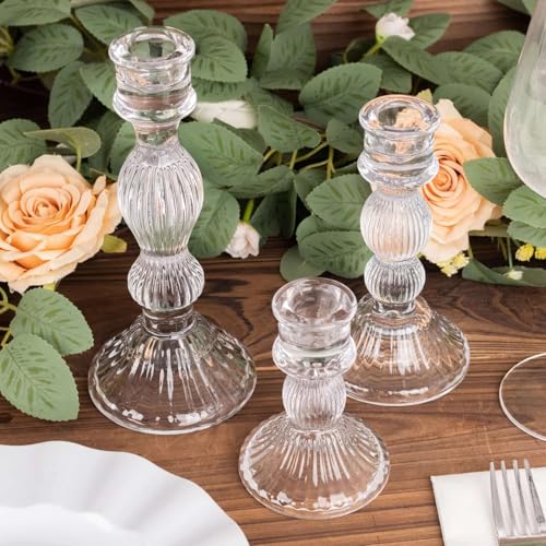 Efavormart Set of 3 Clear Fluted Glass Taper Candle Holders, Ribbed Crystal Candlestick Stands - 4", 6", 8" - color: Type5
