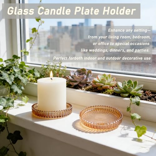 6 Pack Glass Pillar Candle Holder Set，4 Inch Round Candle Plates in Clear Pink Amber, Multi-Color Serrated Edge Display Stand for Wedding Party Table Centerpiece Decor