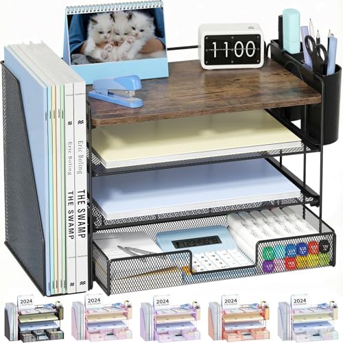 OPNICE Wood Desk Organizers and Accessories, 4-Tier Desktop File Organizer with Drawer and 2 Pen Holders, Office Desk Accessories Workspace Organizers for Office Supplies(Wood) - color: Wood, size: 4-Tier