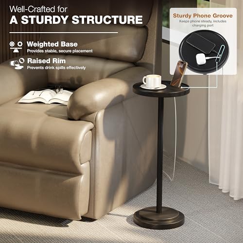 BLUEWEST Drink Table, 24.4" Tall Compact Side Table with Phone Slot and Weighted Base, Durable Pedestal Table Accent for Living Room (Flat, Walnut) (Black, Double Base)