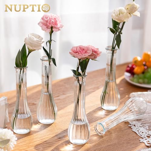 NUPTIO Glass Bud Vases Centerpiece: 3 Pcs Small Flower Vase for Wedding in Bulk - Cute Clear Ribbed Vase for Party Events Home Table Decor