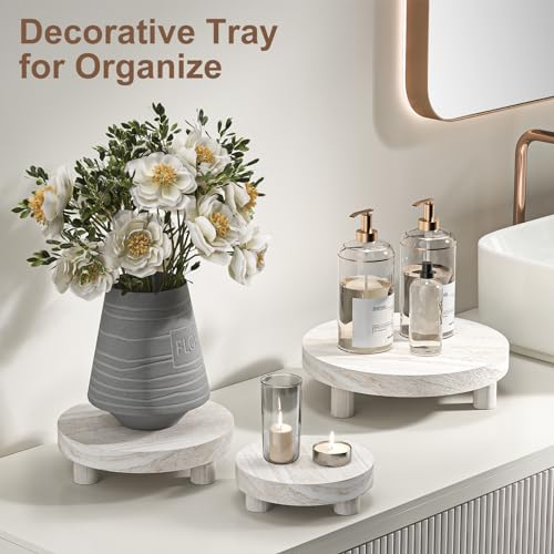 Wood Plant Stand Indoor Outdoor, 12/10/8/6" Round Wood Riser for Decor Wooden Stool Display Stand Flower Pot Holder Small Planter Tray Modern Potter Decorative for Desktop Counter Room - color: Washed White-4pcs